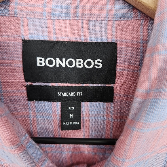 Bonobos Mens Button Down Shirt Size M Pink Blue Plaid Linen Blend Standard Fit - Picture 6 of 8